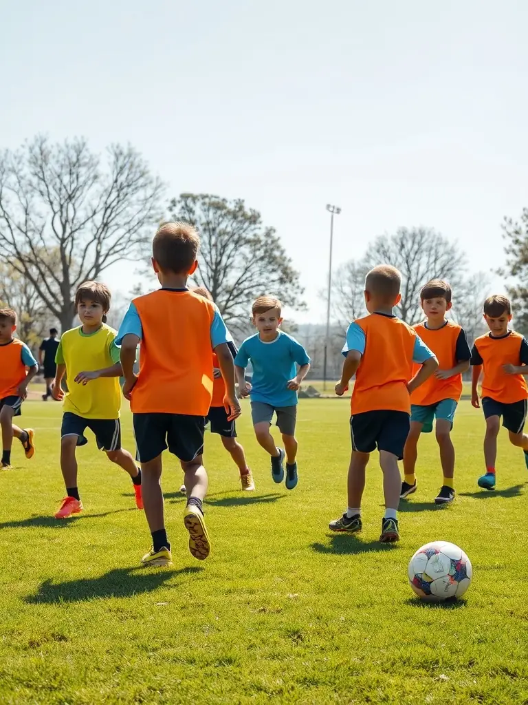 A dynamic photo capturing the excitement of a summer soccer camp, with kids dribbling, passing, and scoring goals, highlighting the energy and enthusiasm of the participants.